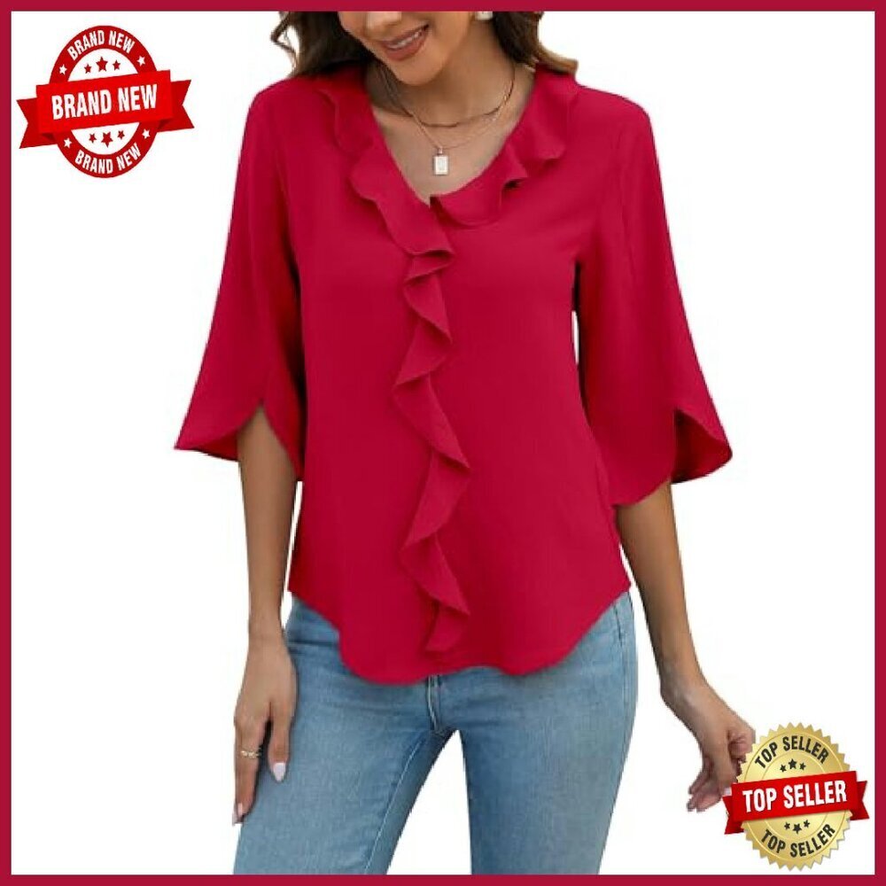Women's 3/4 Sleeve V Neck Ruffle Blouse Business Casual Summer Top - Picture 2 of 8